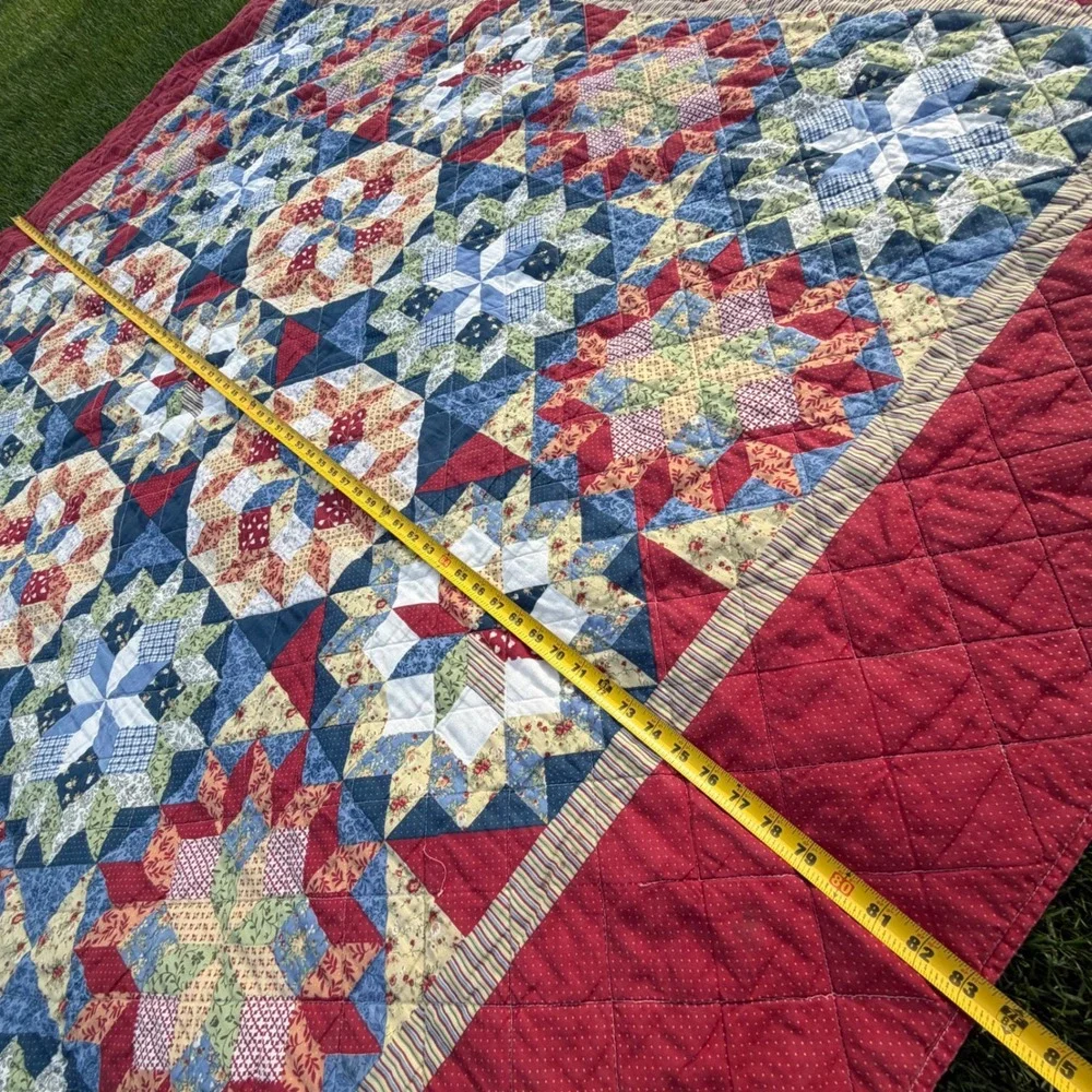 Handmade Patchwork Star Quilt Red Blue Yellow Floral Geometric 84x84 Americana